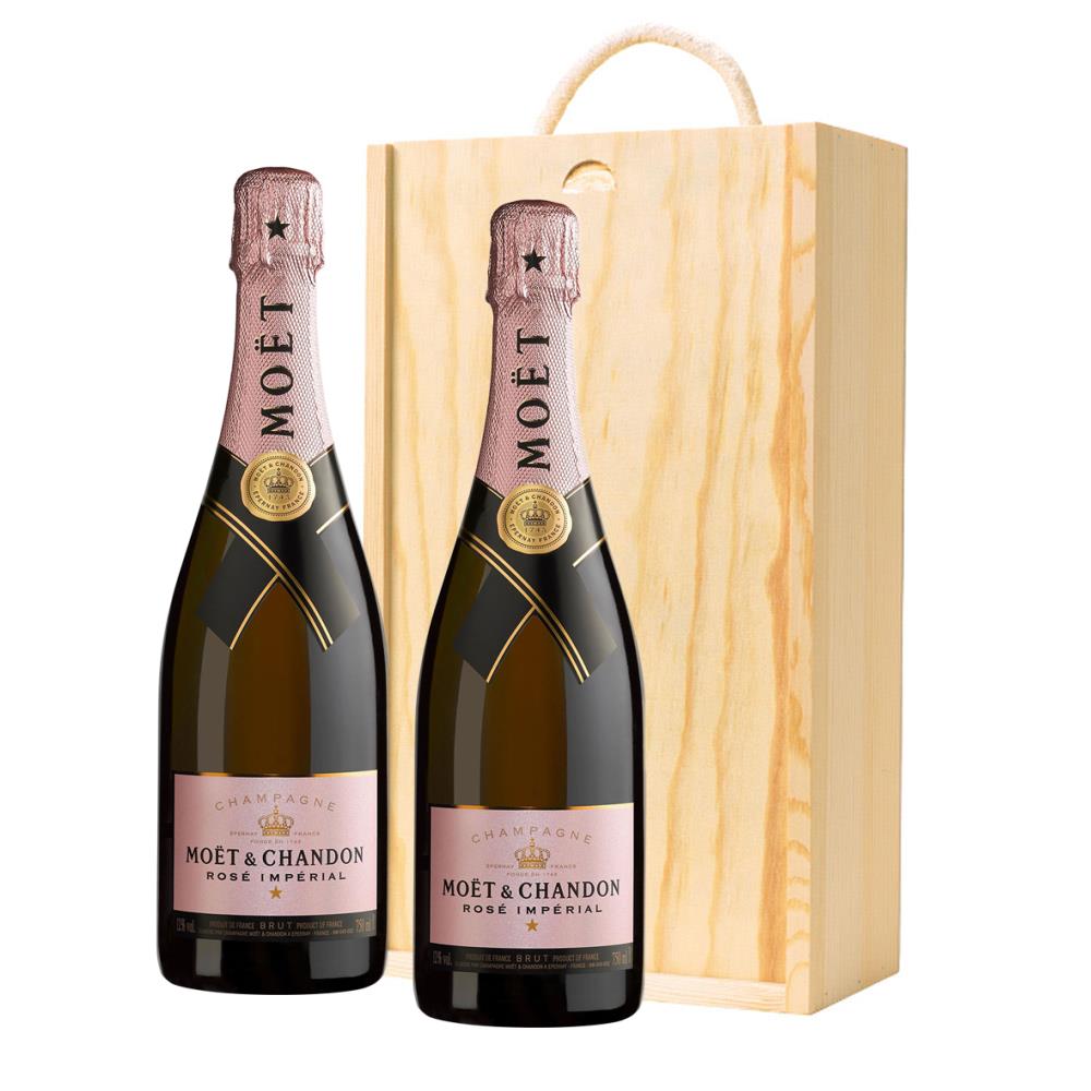 Moet &amp;amp; Chandon Rose Champagne 75cl Twin Pine Wooden Gift Box (2x75cl)